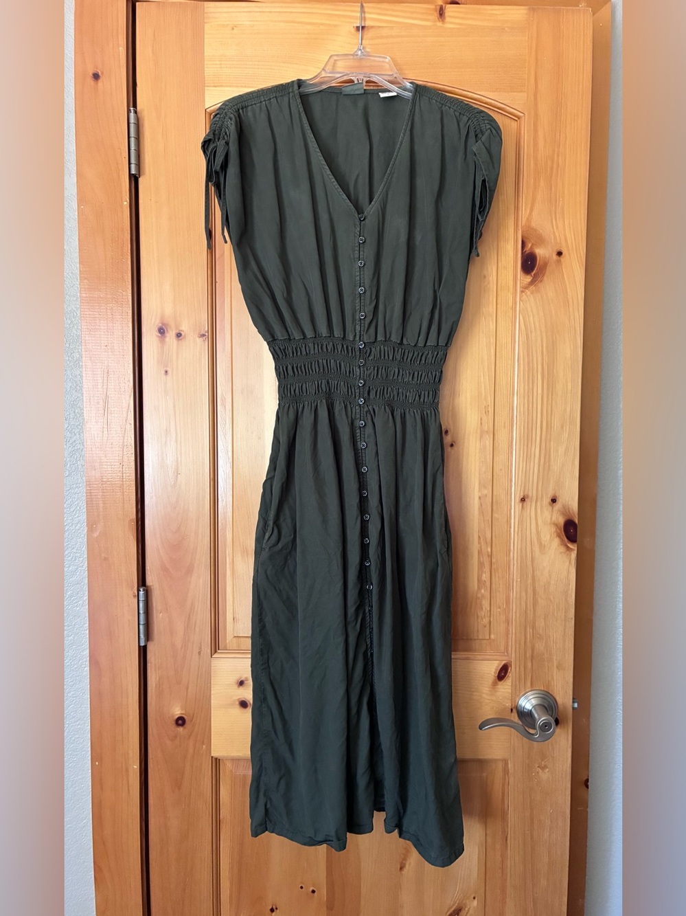 Levi's Olive Green Button-Front Smocked-Waist Maxi Dress
